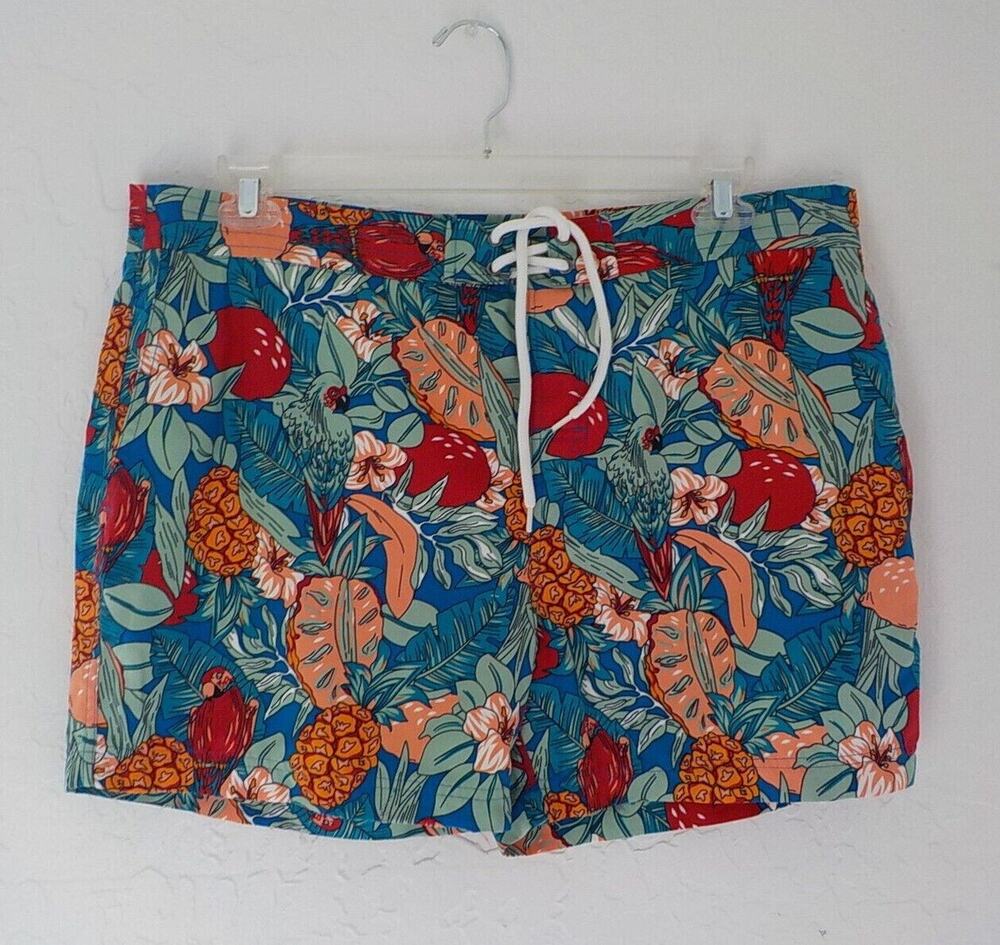 ACA JOE Blue Swim Shorts Trunks Men XL Tropical Floral Birds Print Pockets Lined